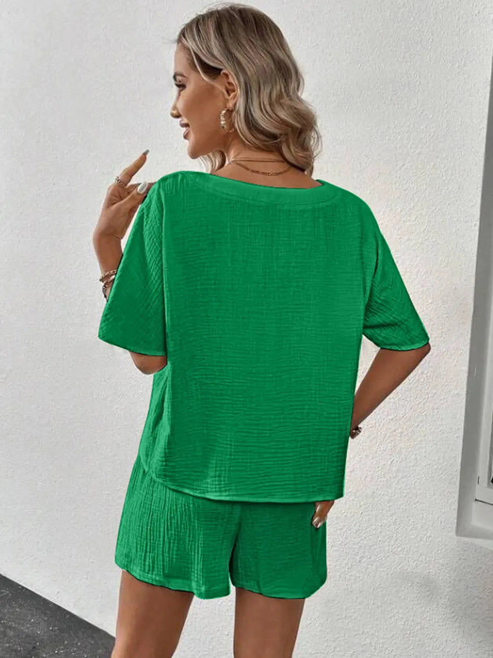 V-Neck Half Sleeve Top and Shorts Set - Ladyez