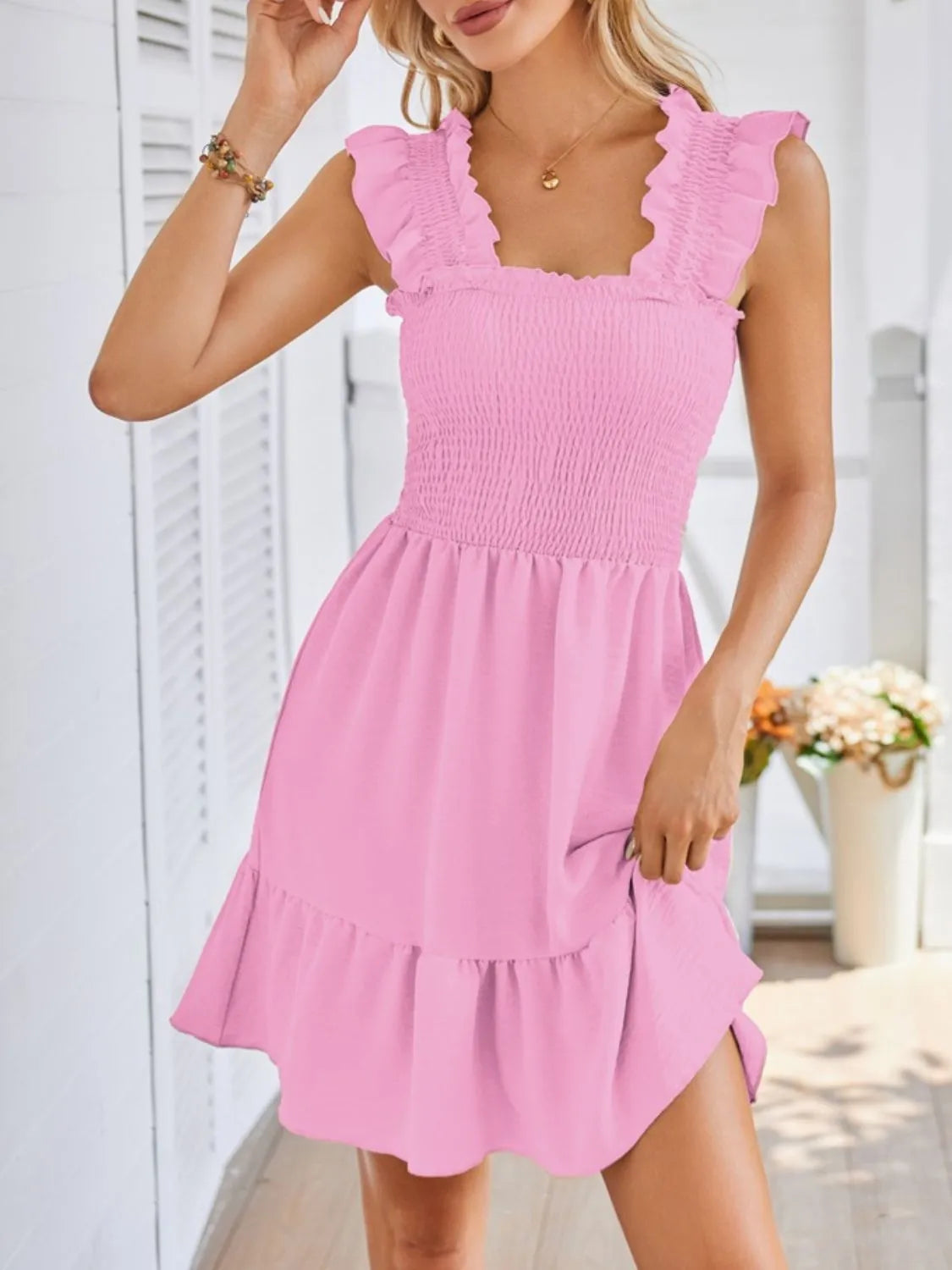 Smocked Square Neck Wide Strap Dress - Ladyez