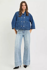 RISEN Double-Breasted Flowy Cropped Denim Jacket