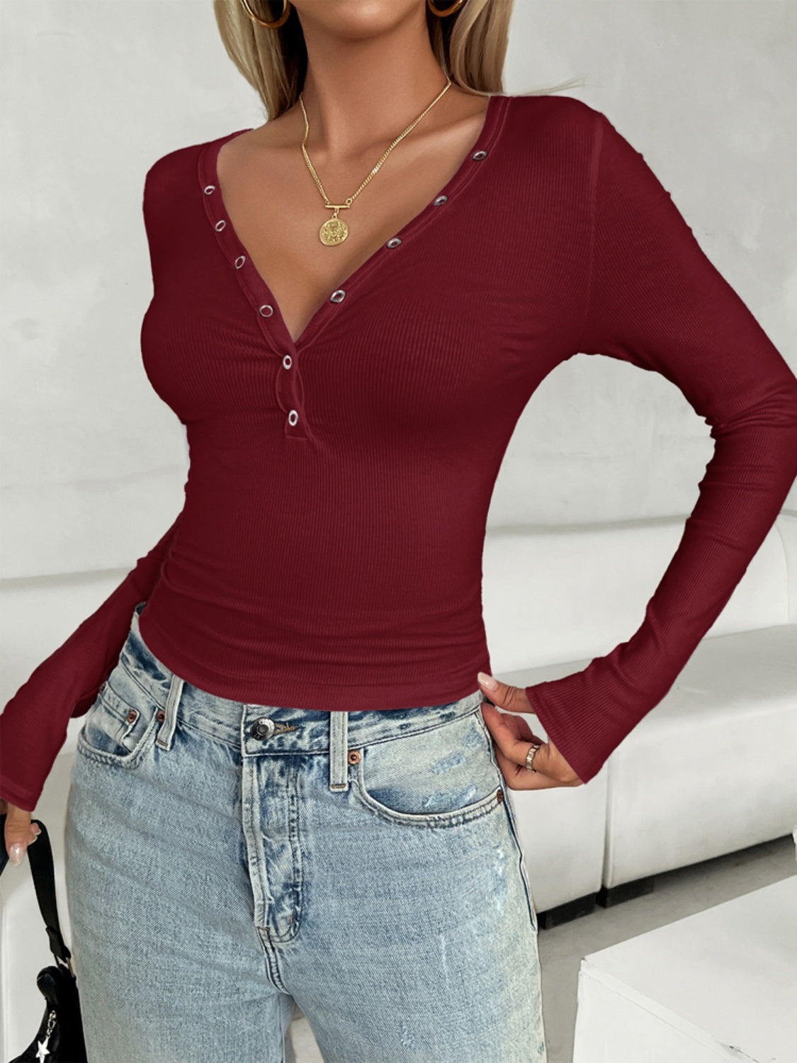 Devine V-Neck Long Sleeve T-Shirt - Ladyez