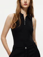 Quarter Zip Collared Neck Sleeveless Bodysuit - Ladyez