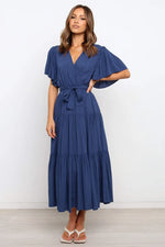 Front Tie Short Sleeve Tiered Midi Dress