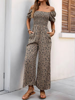 Perfee Smocked Printed Square Neck Puff Sleeve Jumpsuit