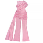 Ruched One-Shoulder Flare Leg Jumpsuit