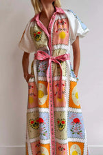 Printed Short Sleeve Belted Maxi Dress - Ladyez