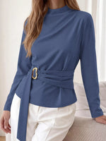 Mock Neck Blouse with Waist-Defining Metal Buckle Detail