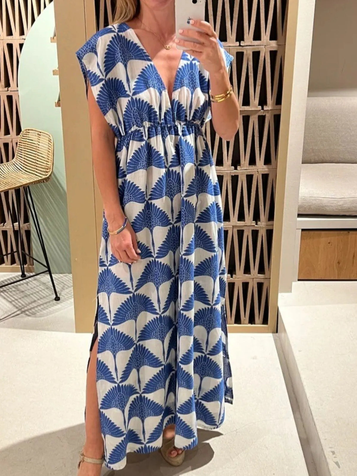 Slit Printed V-Neck Cap Sleeve Maxi Dress - Ladyez