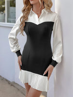 Two Tone Pleated Long Sleeve Shirt Dress - Ladyez