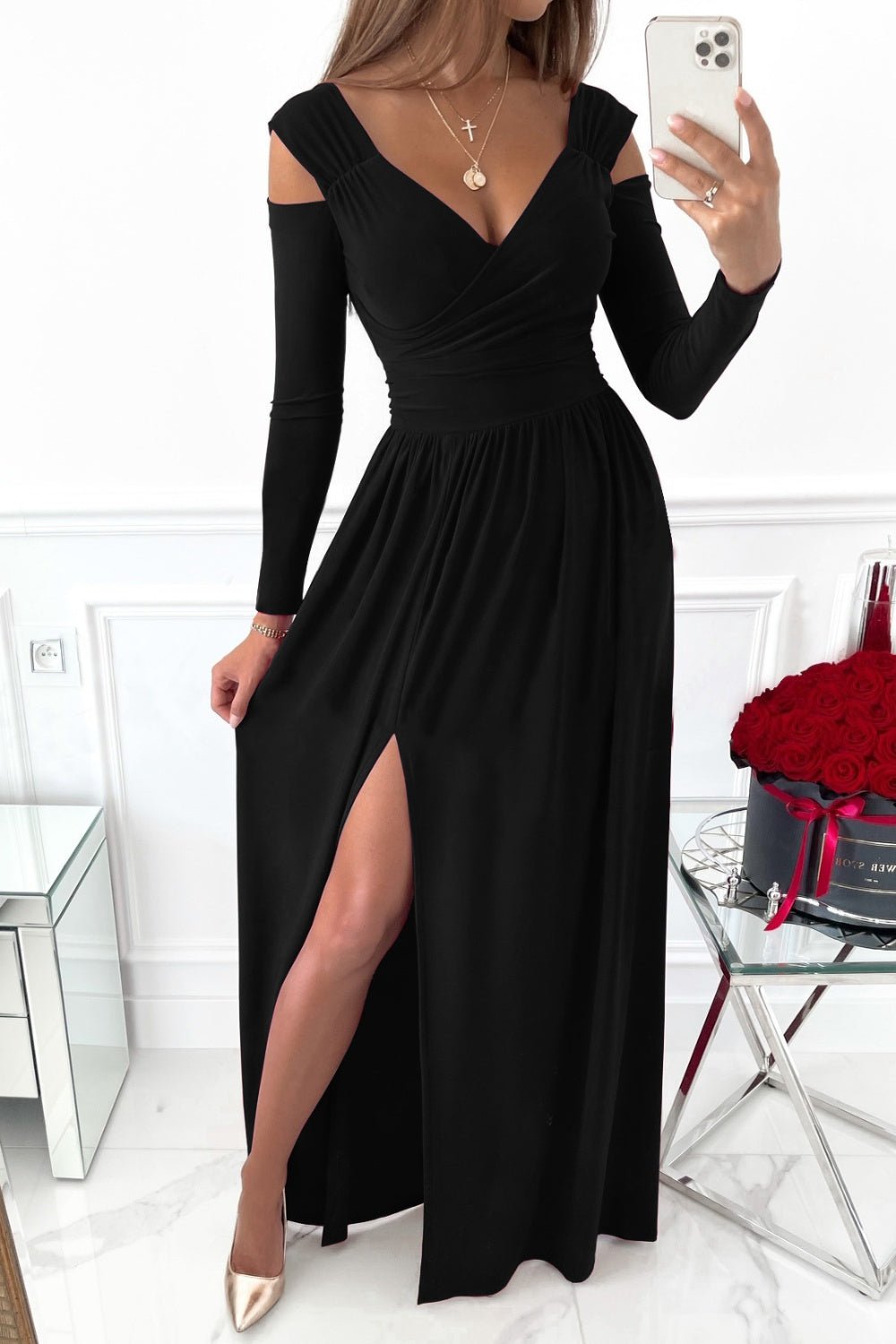 Slit Surplice Long Sleeve Maxi Dress - Ladyez