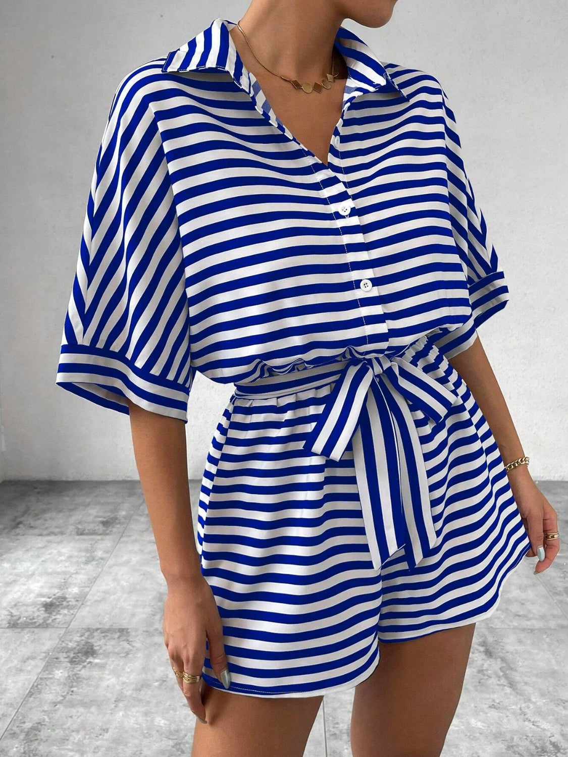 Tie Waist Half Button Striped Romper - Ladyez