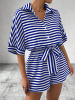 Tie Waist Half Button Striped Romper - Ladyez