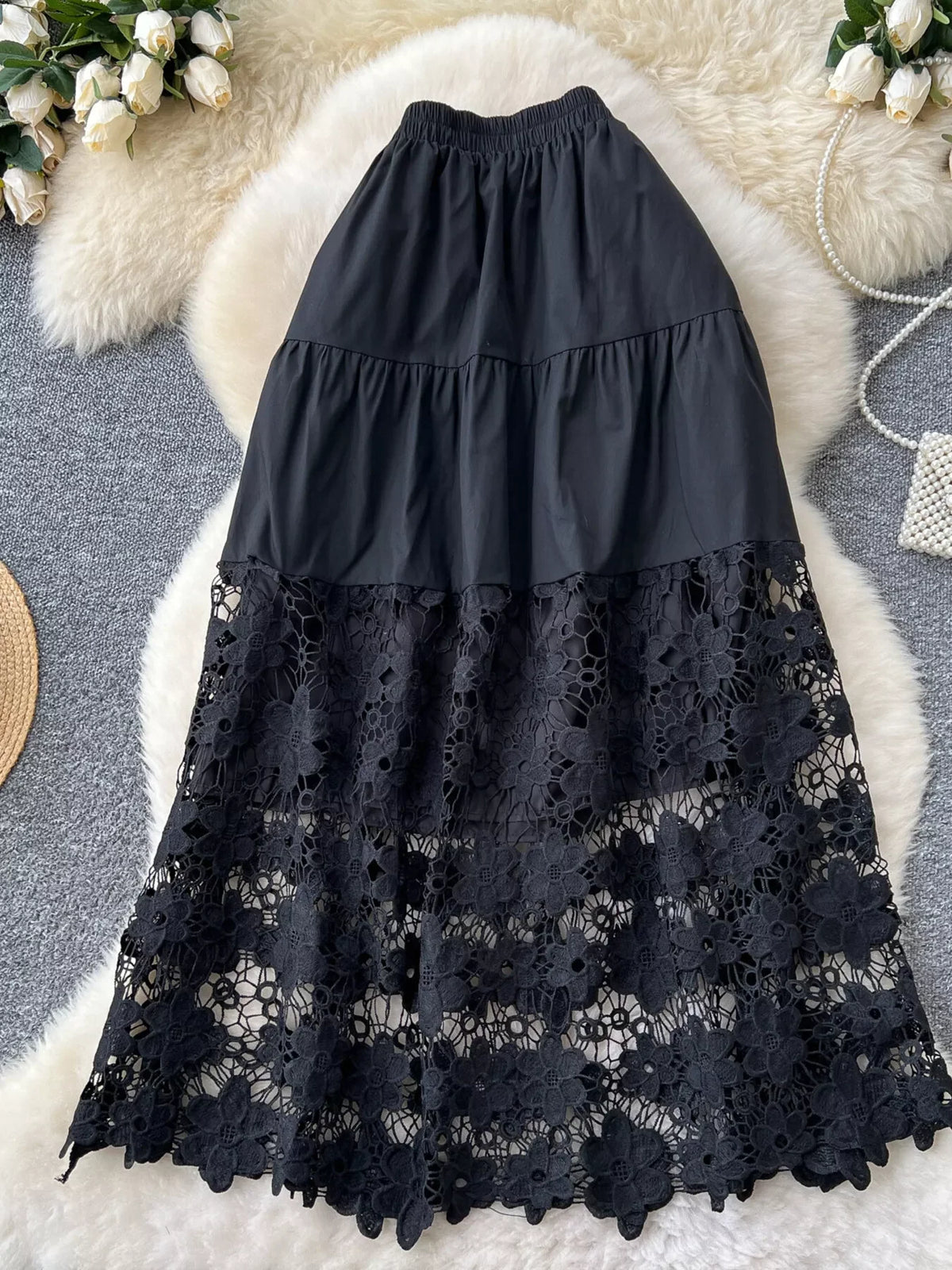 Lace Tiered Elastic Waist Skirt