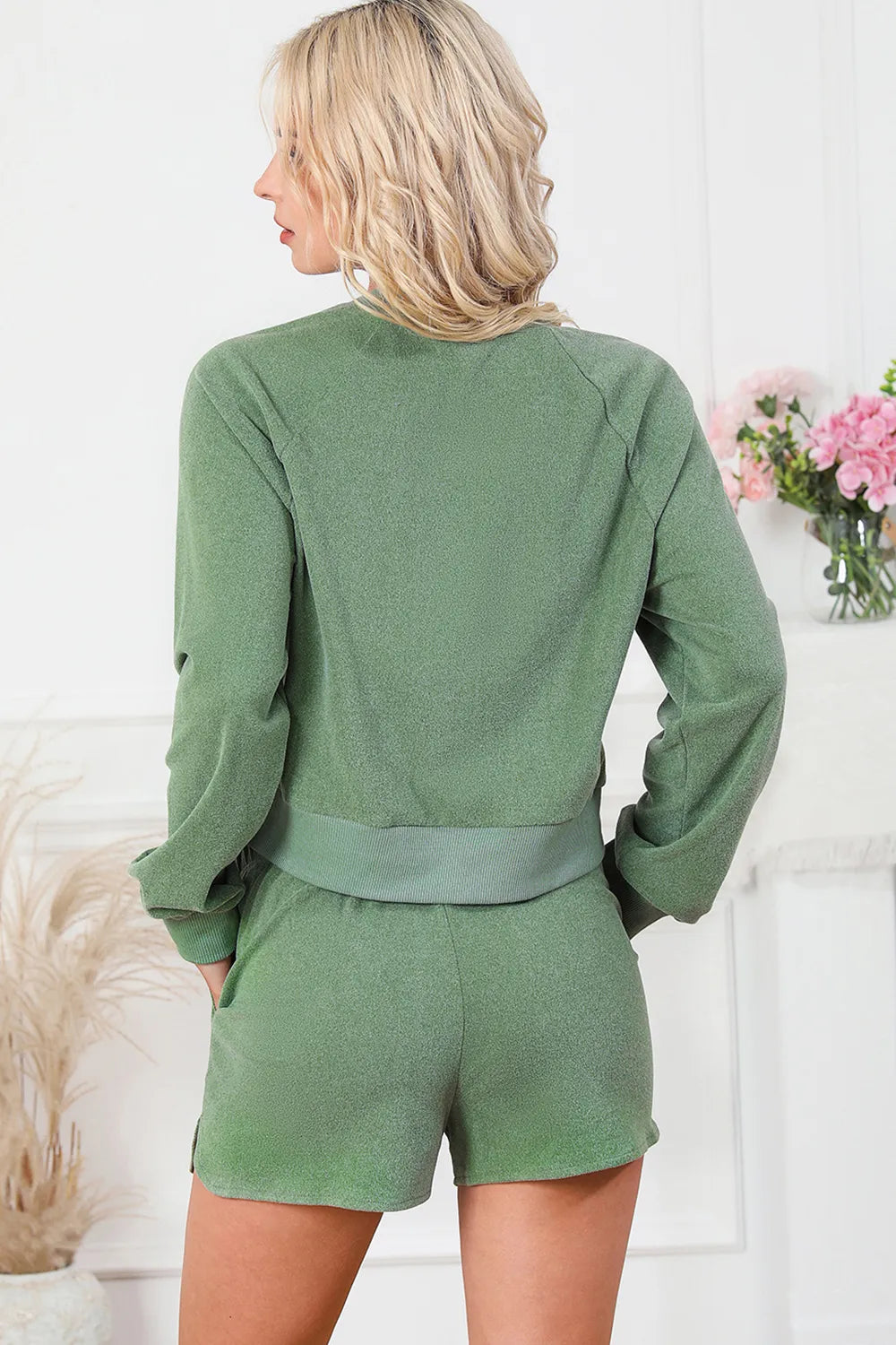 Round Neck Long Sleeve Top and Drawstring Shorts Lounge Set - Ladyez