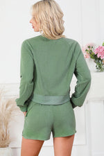Round Neck Long Sleeve Top and Drawstring Shorts Lounge Set - Ladyez