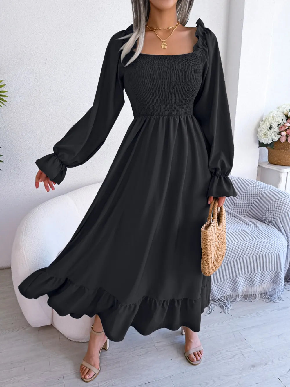 Smocked Square Neck Flounce Sleeve Dress - Ladyez