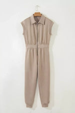 Solid Color Zip Front Short Sleeve Collared Jumpsuit