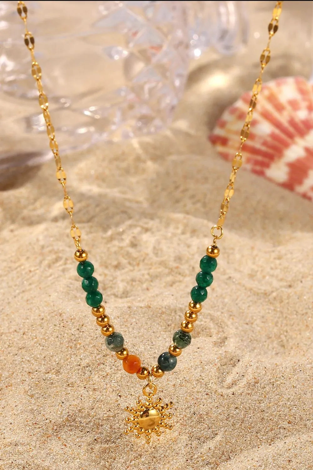 Bohemian Sun Charm Beaded Stainless Steel Necklace
