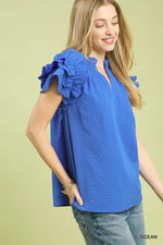 Umgee Textured Ruffle Sleeve Notched Top