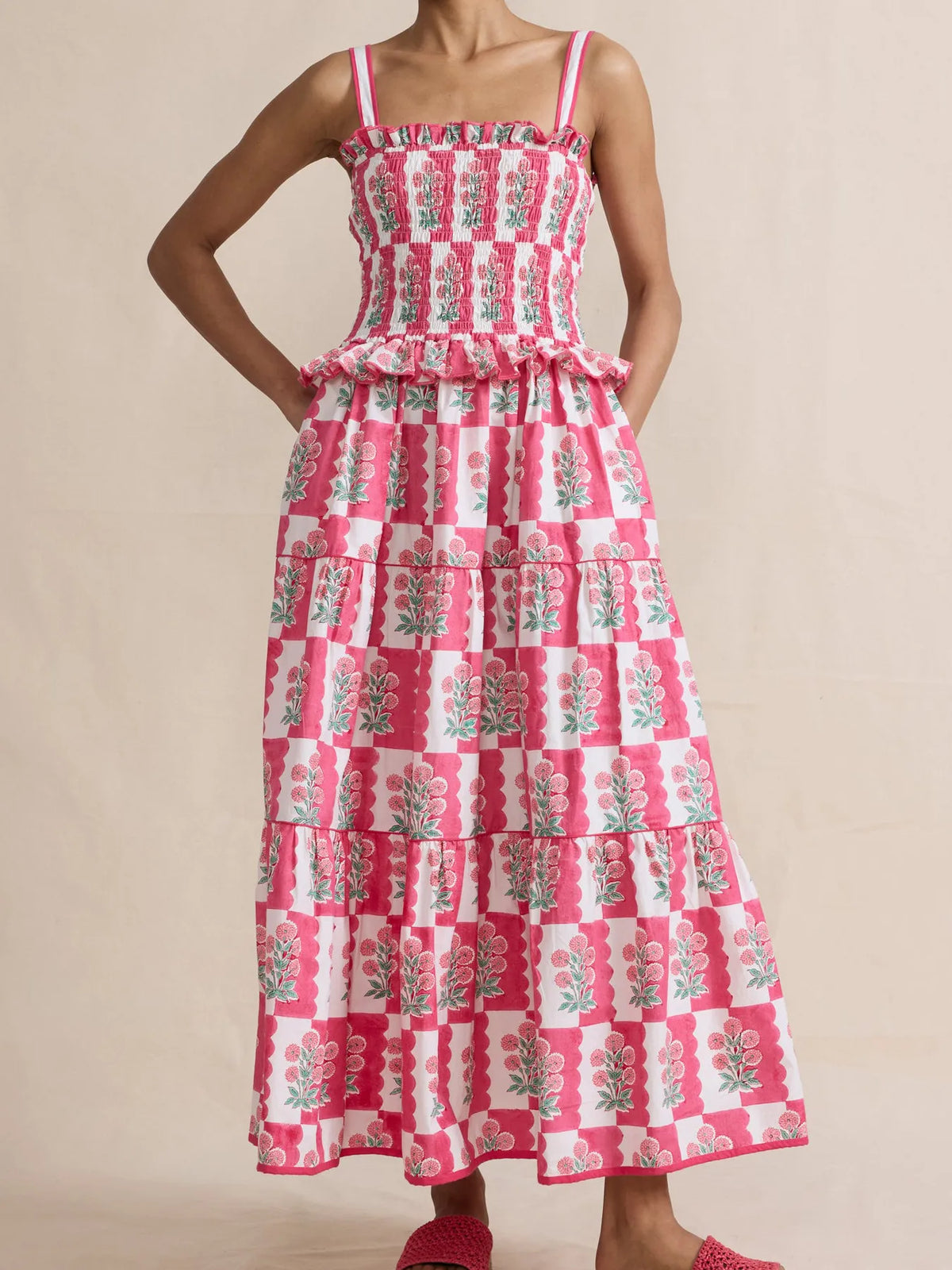 Smocked Ruffled Square Neck Maxi Dress