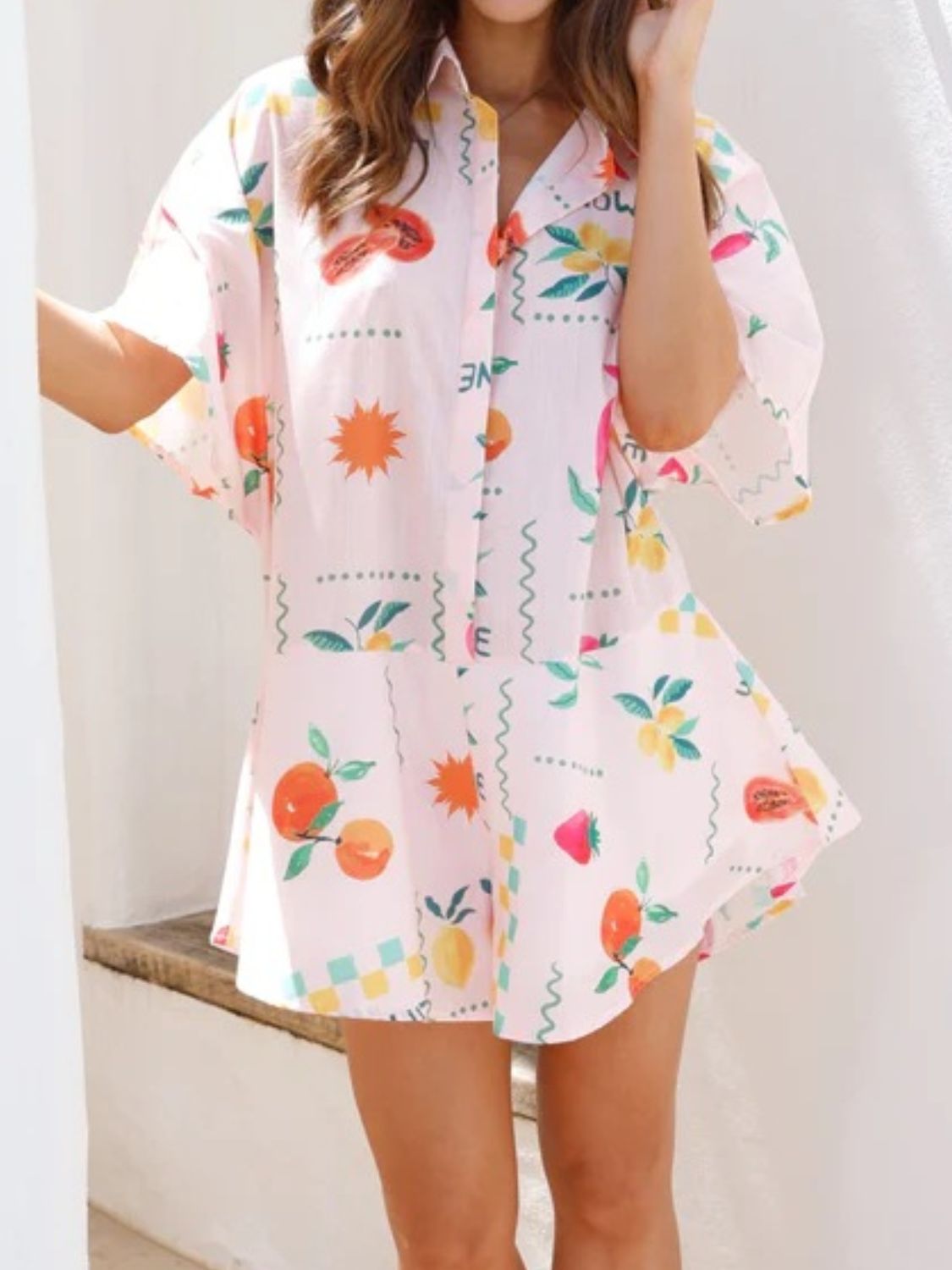 Printed Collared Neck Half Sleeve Romper - Ladyez
