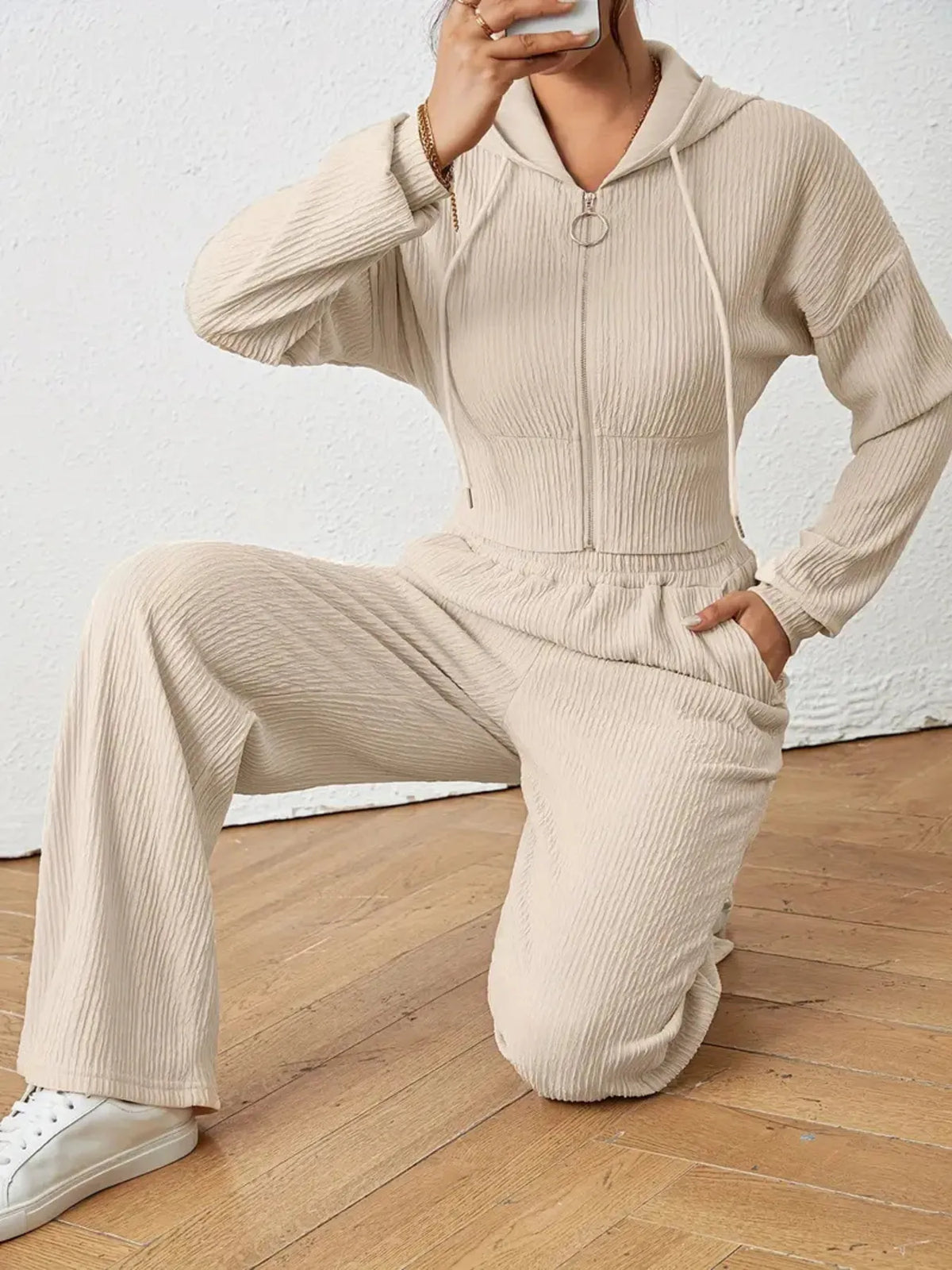 Drawstring Zip Up Hooded Top and Pants Set