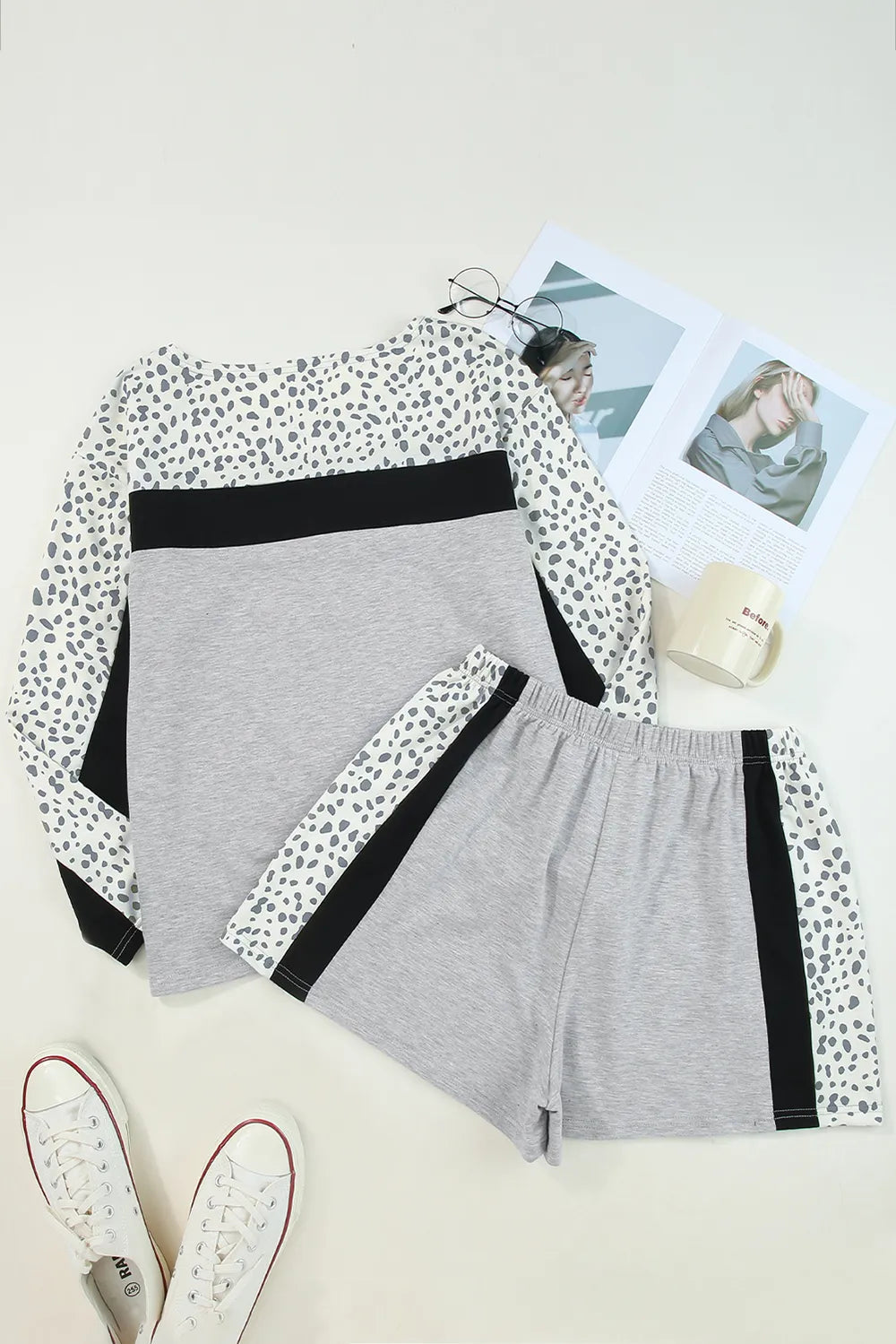 Leopard Long Sleeve Top and Shorts Lounge Set - Ladyez