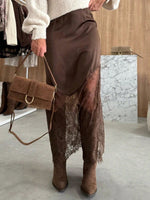 Lace Trim Satin Midi Skirt