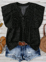 Polka Dot Notched Ruffled Cap Sleeve Blouse