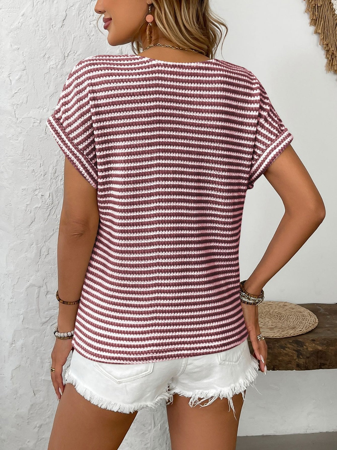 Striped V-Neck Short Sleeve T-Shirt - Ladyez