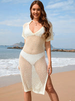 Slit Openwork Johnny Collar Short Sleeve Cover-Up - Ladyez
