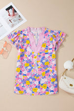 Floral Print Striped Color Block Patchwork V Neck Flutter Sleeve Blouse