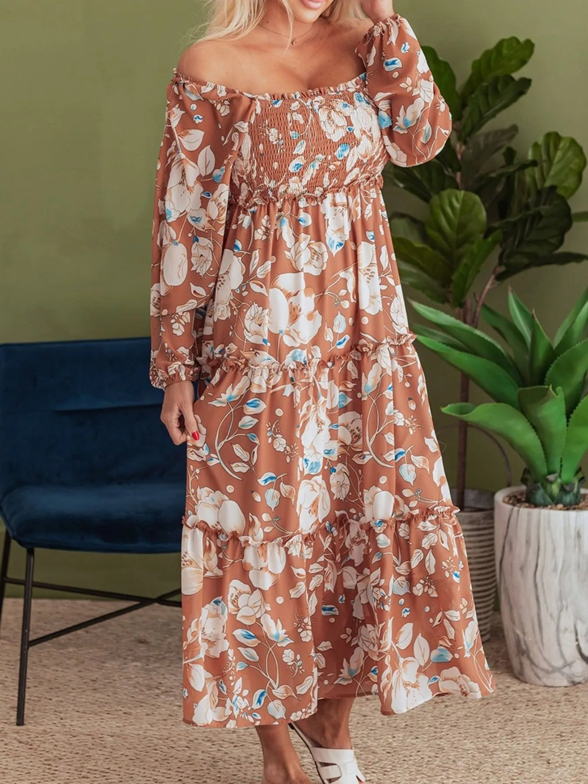 Smocked Printed Long Sleeve Tiered Dress