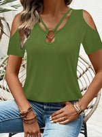 Cold Shoulder T-Shirt with Metal Ring Detail - Ladyez
