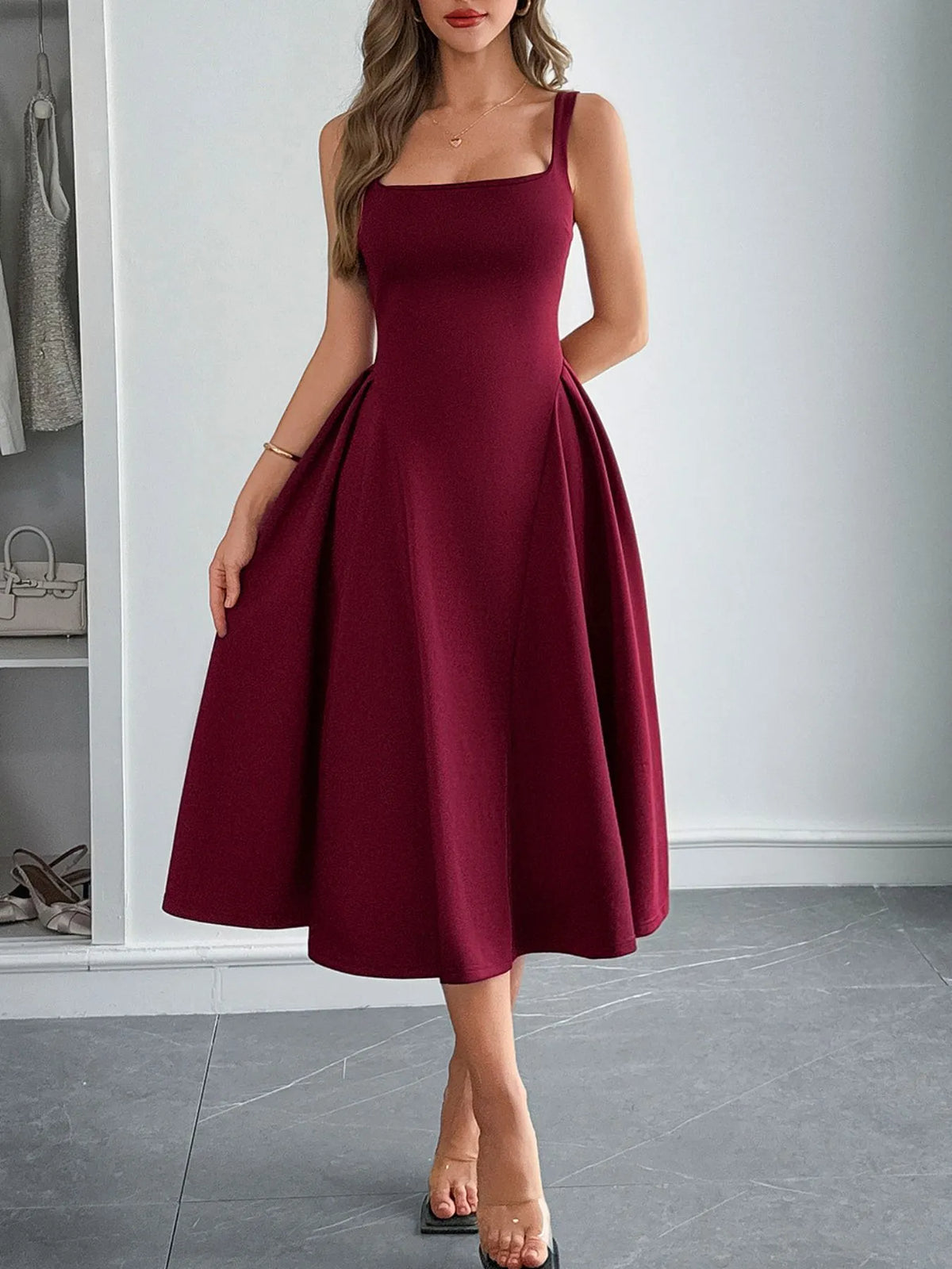 Square Neck Wide Strap Midi Dress - Ladyez