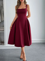 Square Neck Wide Strap Midi Dress - Ladyez