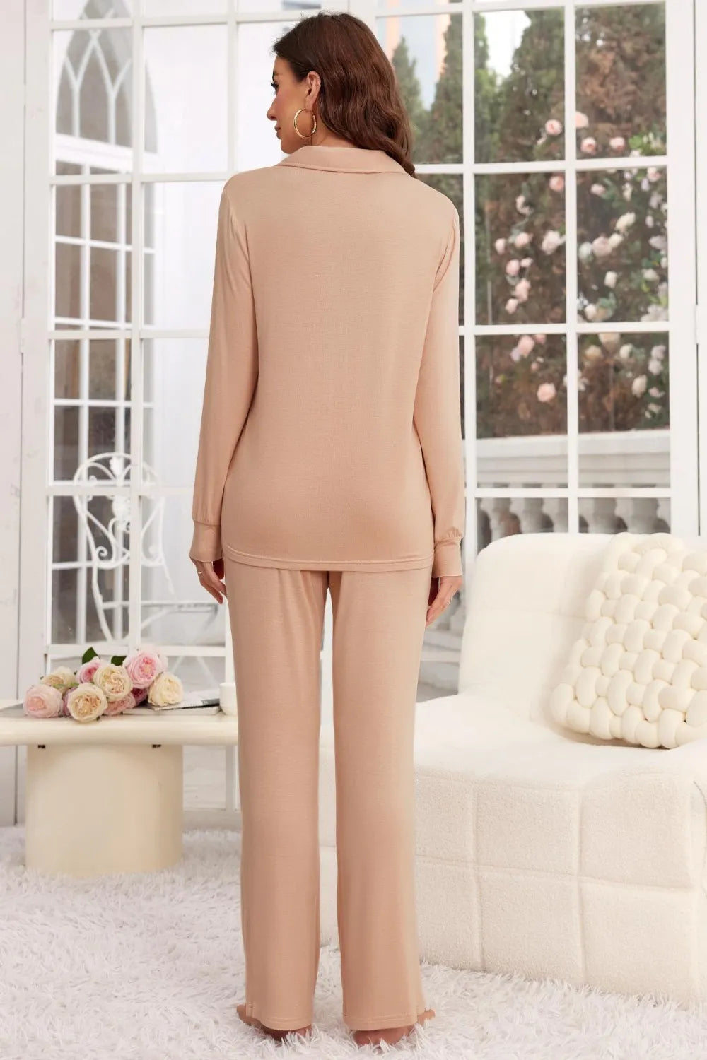 Button Up Long Sleeve Top and Pants Lounge Set - Ladyez
