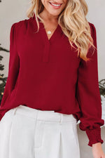 Notched Neck Shirred Cuff Long Sleeve Blouse