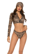 Printed Zip Up Three-Piece Swim Set - Ladyez