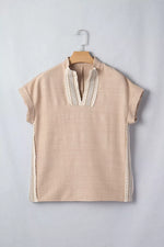 Crochet Lace Accent Pullover Rolled Short Sleeve Blouse
