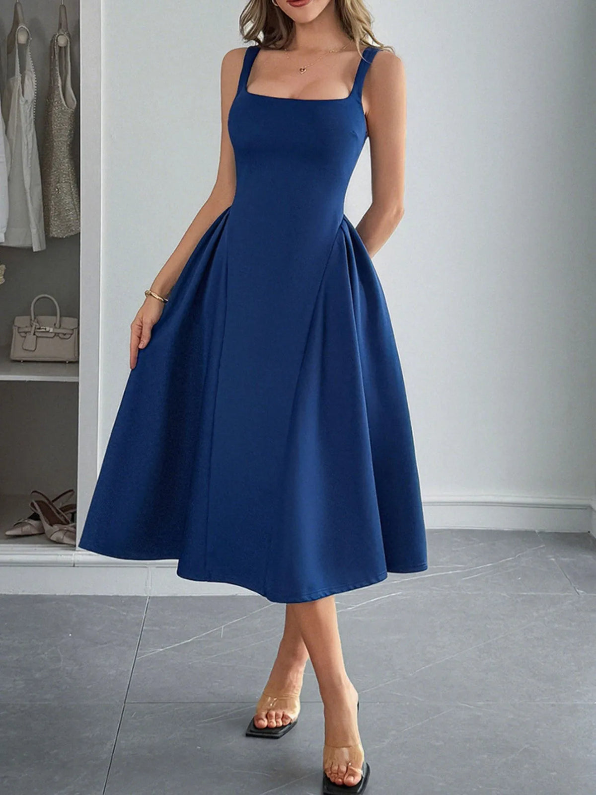 Square Neck Wide Strap Midi Dress - Ladyez