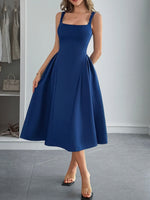 Square Neck Wide Strap Midi Dress - Ladyez