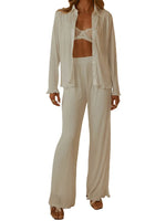 Collared Neck Long Sleeve Top and Pants Lounge Set - Ladyez