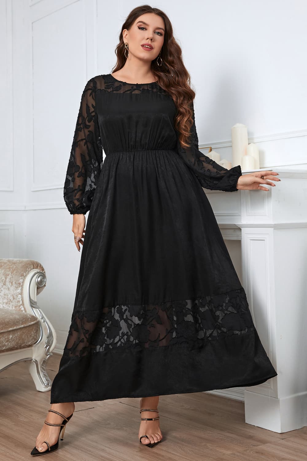 Honey Melo Apparel Plus Size Embroidery Round Neck Long Sleeve Maxi Dress - Ladyez