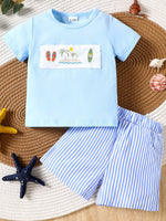 Children's Shark Embroidered T-shirt and Striped Shorts Set