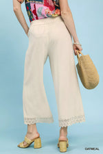 Umgee Linen Wide Leg Cropped Pants with Lace Trim