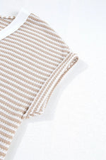 Stripe Buttoned Front V Neck T Shirt