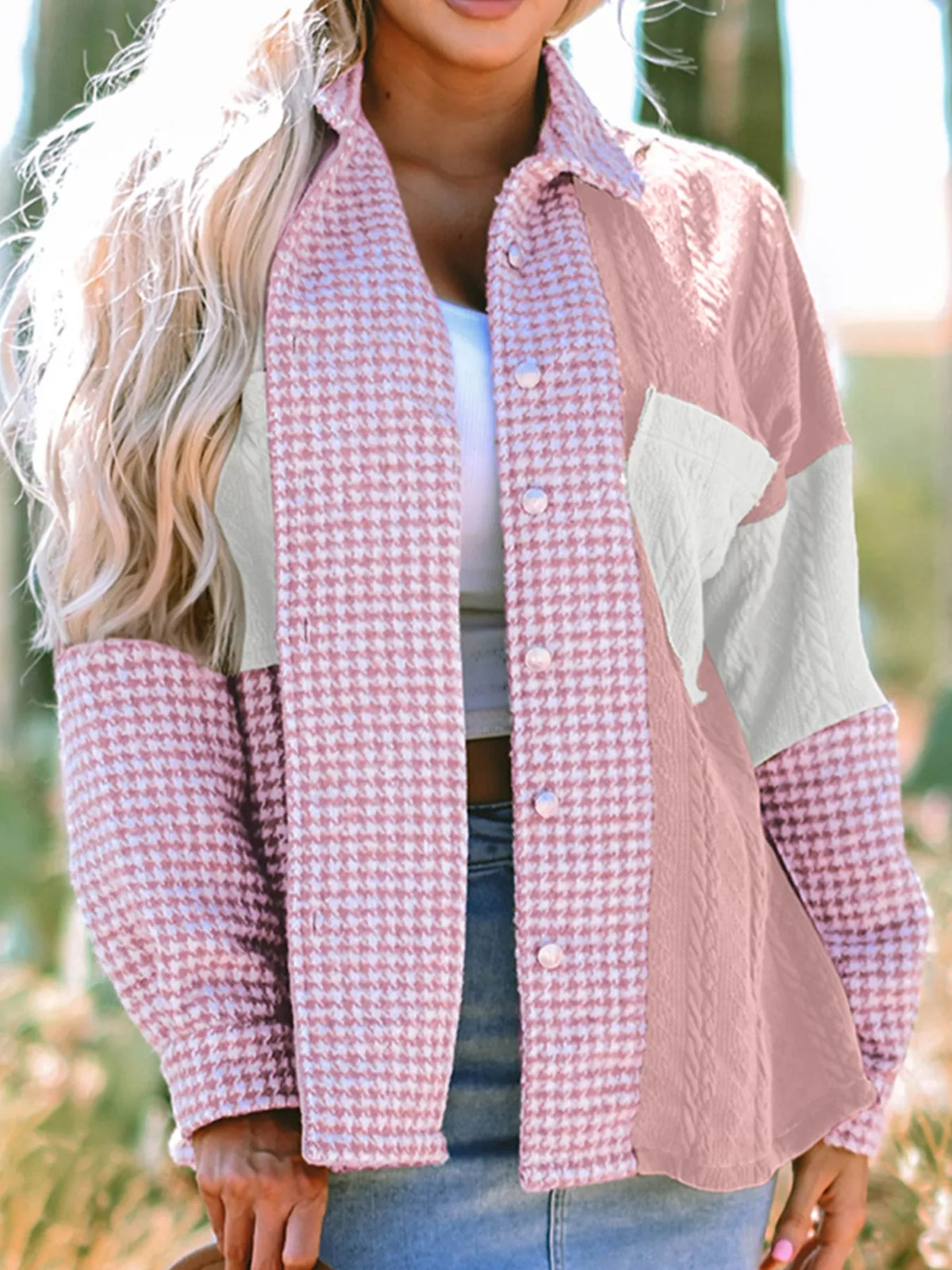 Button DownHoundstooth Color Block Shacket