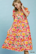 Umgee Floral Print Puff Sleeve Tiered Midi Dress