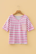 Stripe V Neck Patched Pocket Casual T Shirt