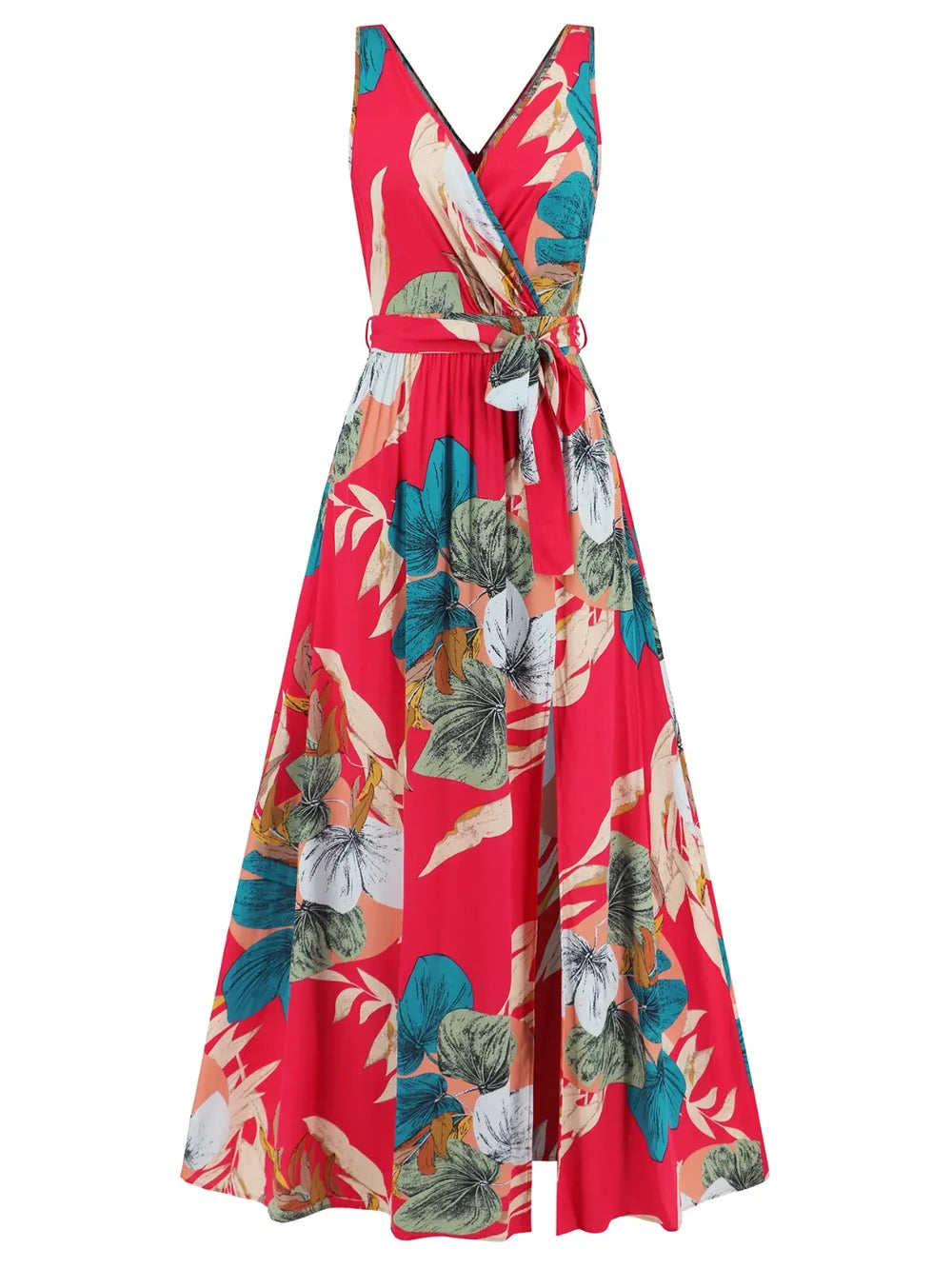 Slit Tied Printed Surplice Dress - Ladyez